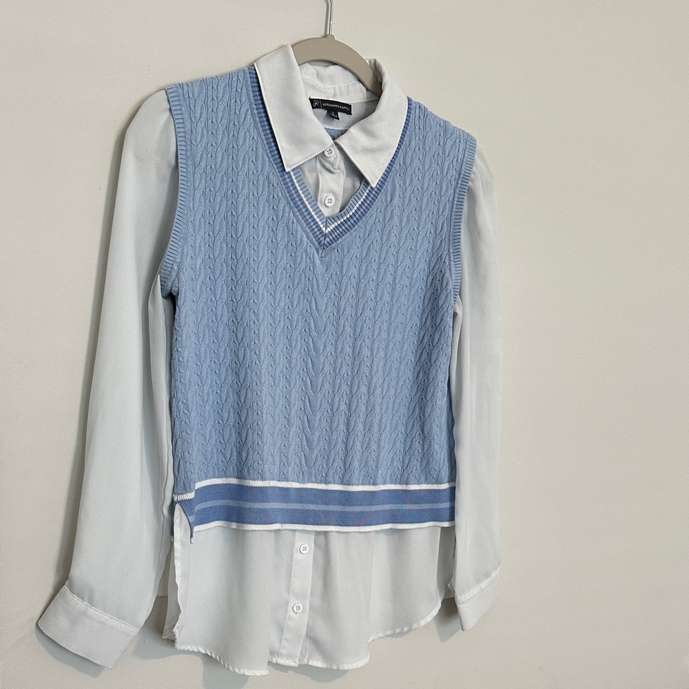 Adrianna Papell Pastel Blue Cable Knit V-Neck Vest with White Collared Shirt